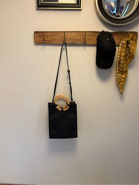 Anthropologie Black Woven Tote with Bamboo Handles - Women Bags